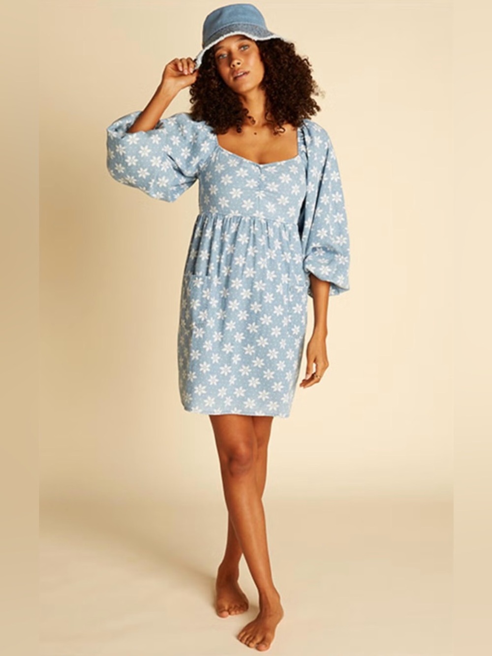 BILLABONG x WRANGLER Just A Dream Rodeo Dress Blue Floral Peasant Cotton‎ S
